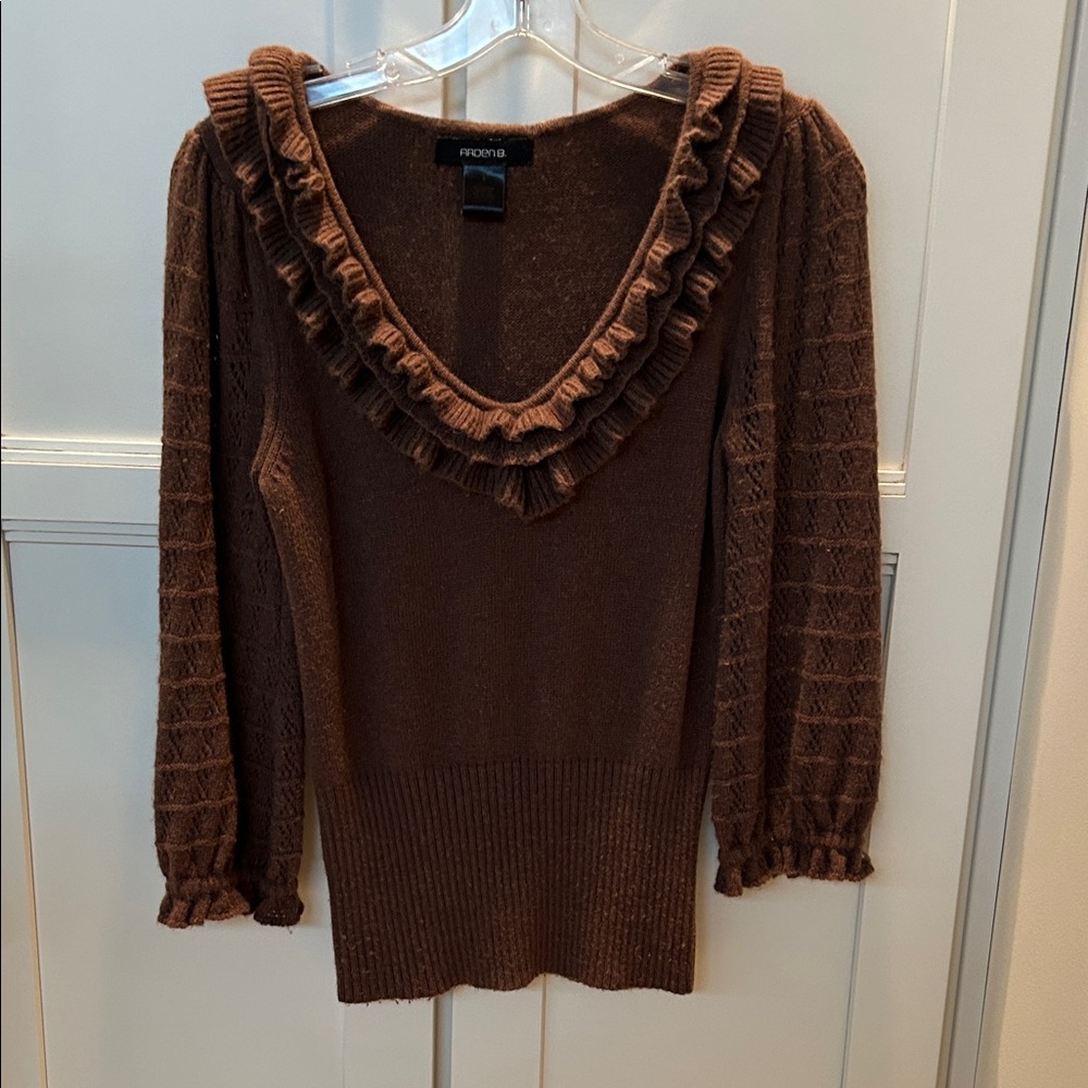 Arden B Brown V-Neck Ruffled Sweater